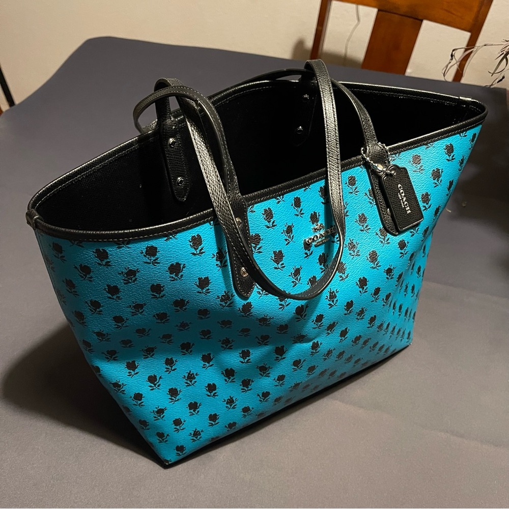 Coach Turquoise Tote with Black Floral Print